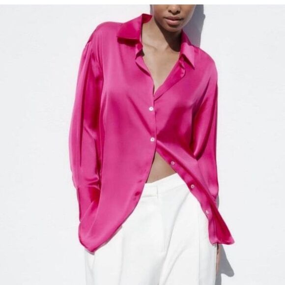 Zara Hot Pink Satin V Neck Long Sleeve Button Front French Cuff Shirt Women XS - Picture 4 of 15